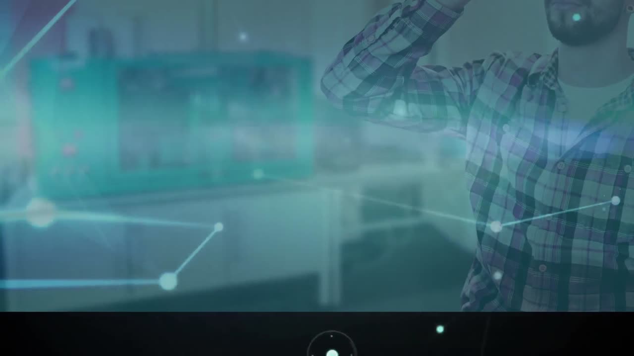 animación de la red de conexiones sobre el hombre que usa auriculares vr