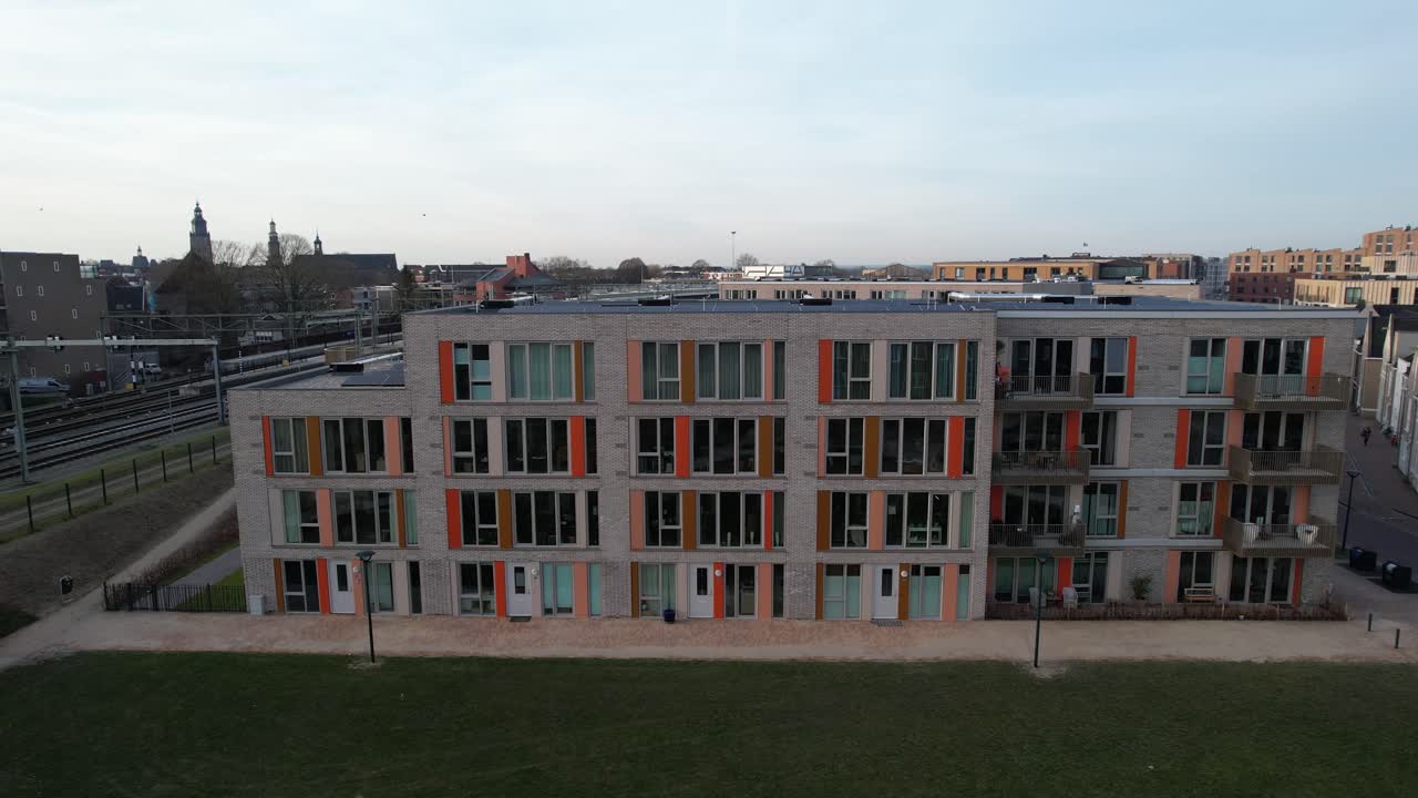 Exterior facade of urban development in Noorderhaven neighbourhood in Zutphen, The Netherlands, seen from above