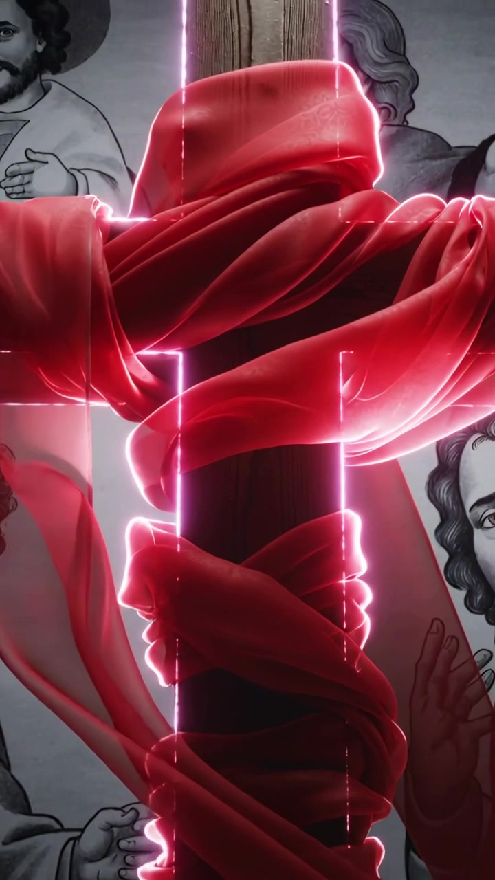 Video verticale: Neon che sale tracciando una croce di quercia, illuminando la cappella con un panno rosso e santi in abiti