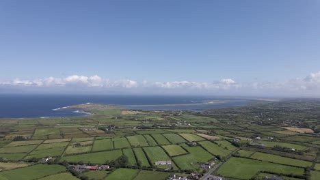 drone shot of irish country side and the ocean in the background