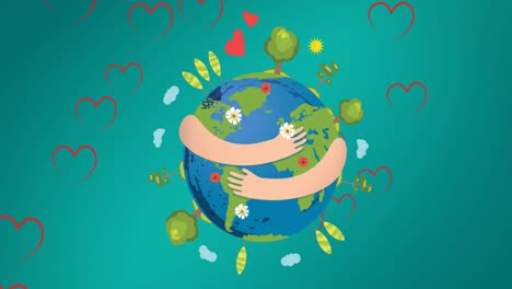 animation of arms hugging globe and falling hearts blue background