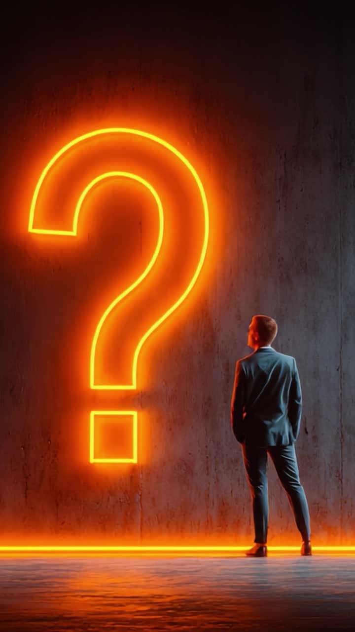 A man stands contemplatively in suit against a glowing question mark, symbolizing uncertainty and seeking answers in life's journey and decision-making