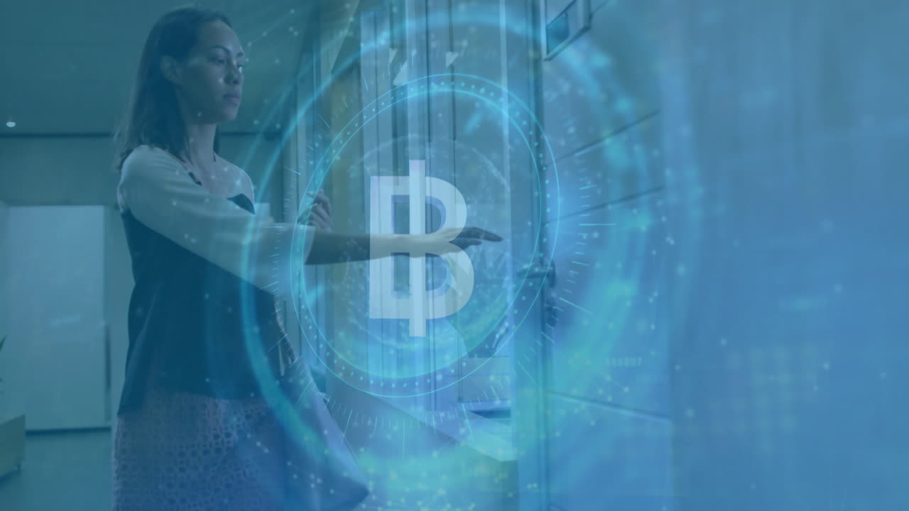 Professional navigating smartphone and fintech terminal, displaying holographic Bitcoin chart