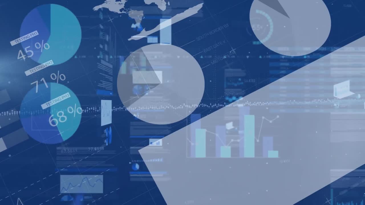 Animation of financial data processing and statistics over blue background