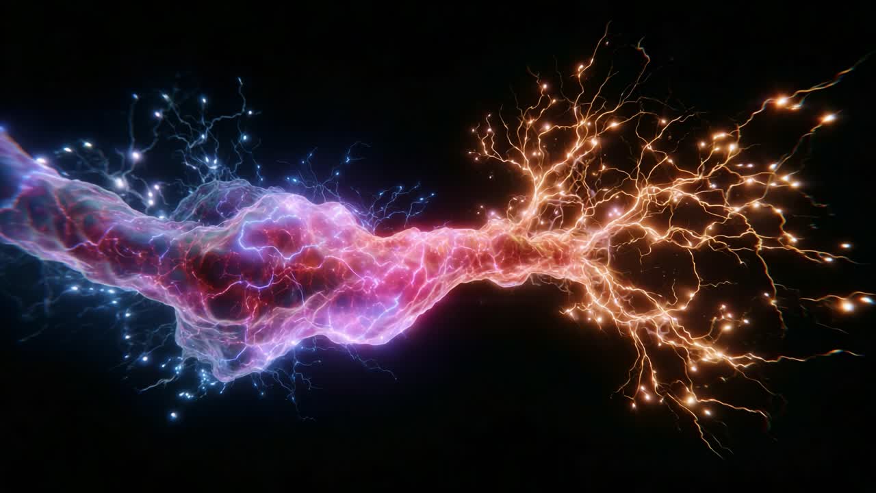 Dynamic Electric Energy Flow with Vivid Colorful Patterns Creating a Stunning Visual of Lightning-like Connections and Pulses in an Abstract Space Environment