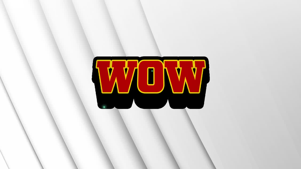 슬라이스 된 텍스처 백색 배경에 대한 레트로 스피치 버블 위의 와우 텍스트의 애니메이션