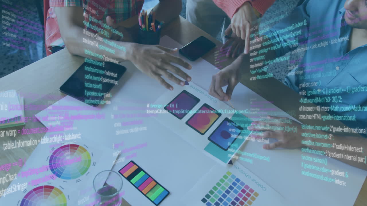Animation of financial data processing over diverse business people in office
