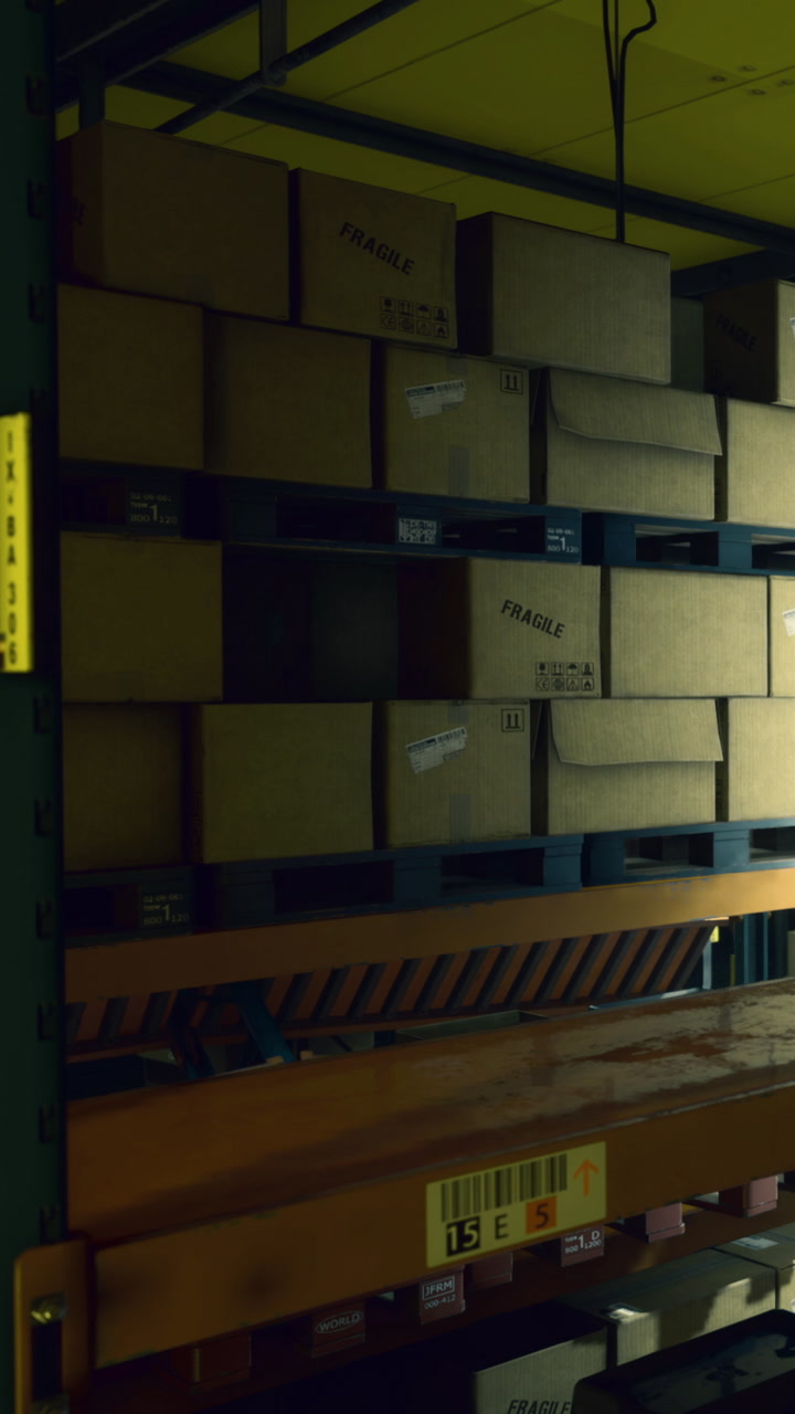 Shelves lined with stacked boxes labeled fragile in a storage room
