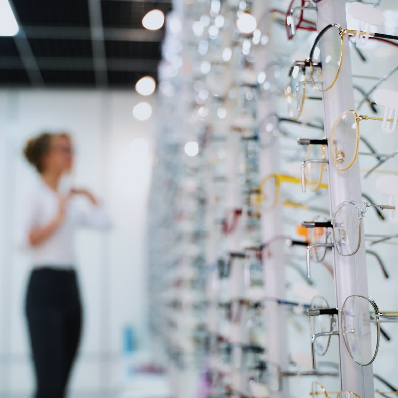 Stand with glasses in the store of optics. Beautiful girl in glasses on a background. Eyesight correction. Optics