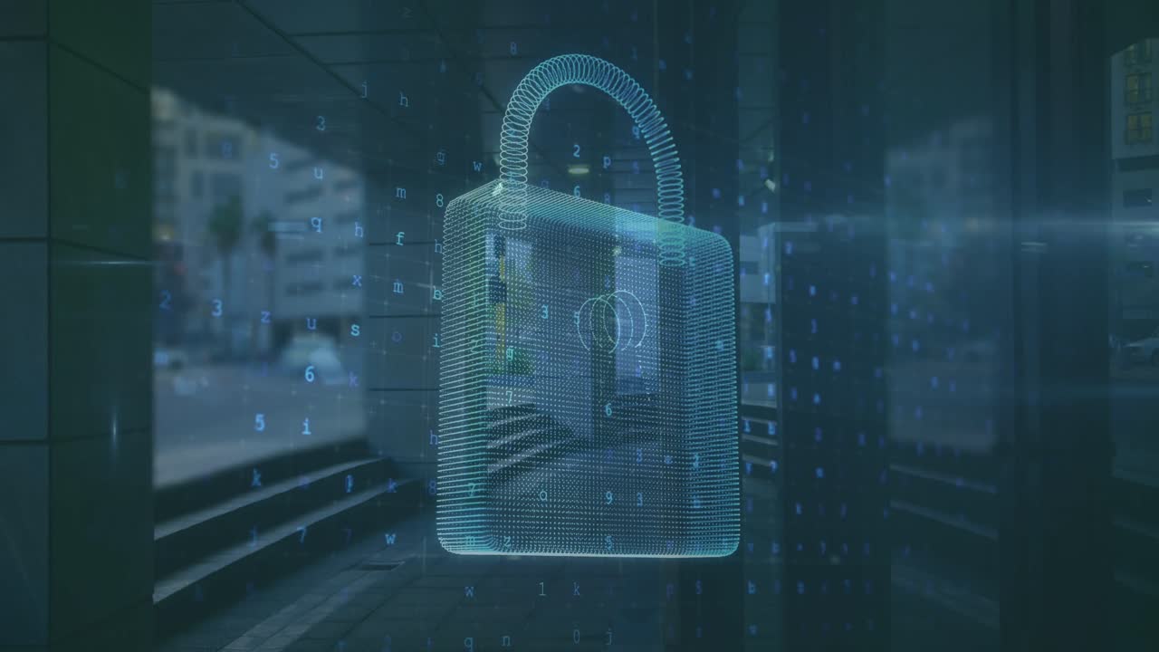 animatie van online beveiliging hangslot over gegevensverwerking en leeg kantoor