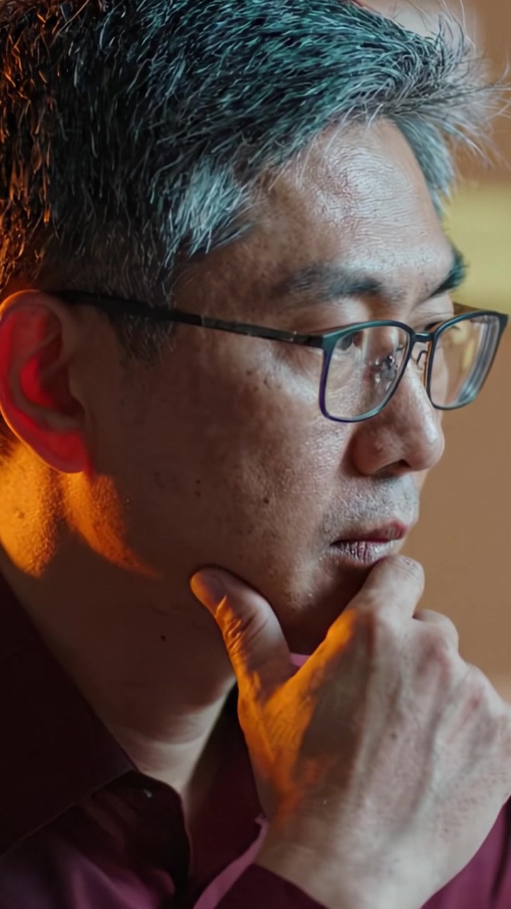 Focused individual with glasses, deep in thought, illuminated by soft lighting, showcases concentration and introspection in a serene environment.