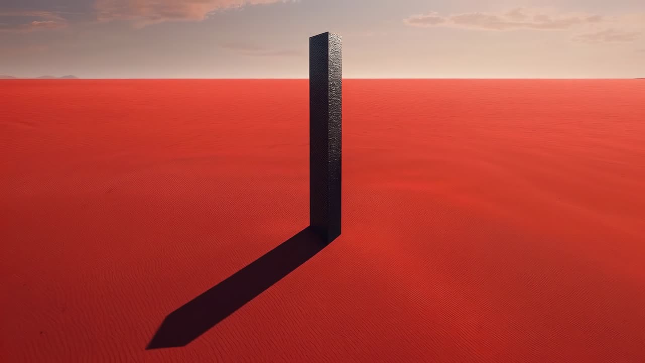 Spostamento della camera che mostra un monolite alto e strutturato su una pianura rossa, rivelando la texture e l'ombra
