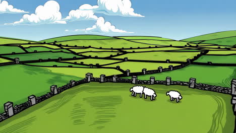 cartoon countryside with sheep and stone walls
