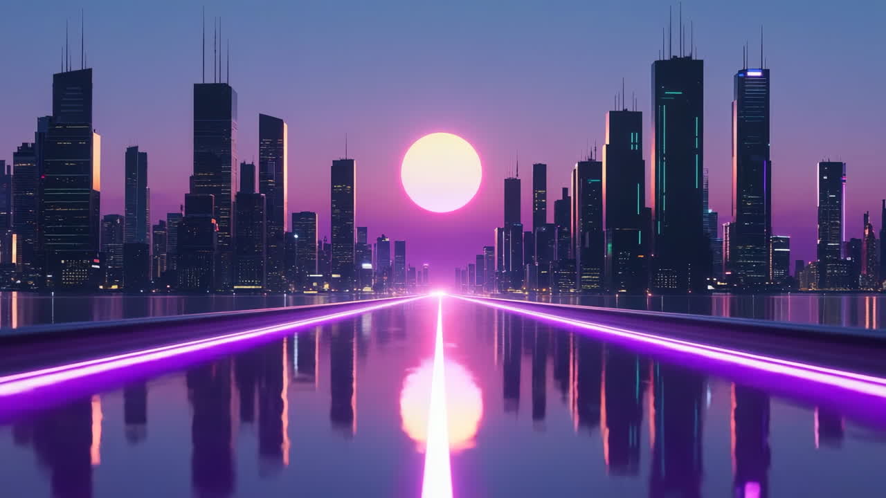 Futuristic Synthwave Cityscape with Neon Road and Glowing Sun