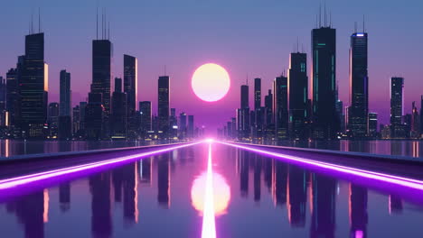 futuristic synthwave cityscape with neon road and glowing sun