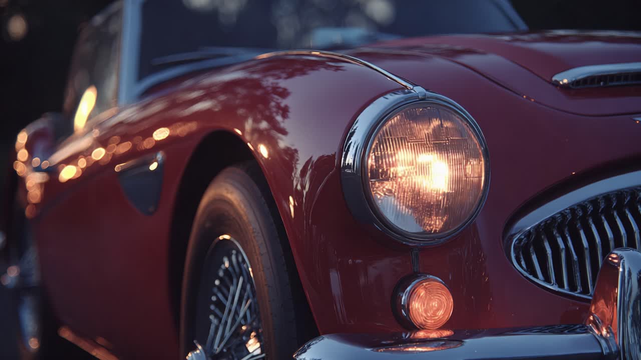Ein atemberaubender Oldtimer-Sportwagen, aufgenommen im Abendlicht, der sein glänzend rotes Finish und die auffälligen Details zeigt, die automobile Eleganz und Stil hervorheben