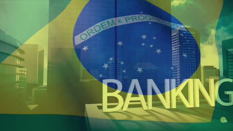 animación del texto bancario sobre la bandera de brasil y el paisaje urbano