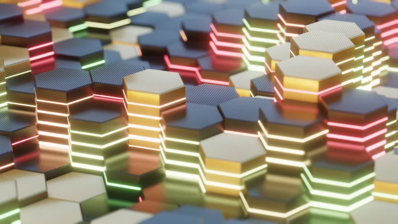 추상적인 미래의 표면과 다채로운 육각형 패턴의 배경, 첨단 기술 개념의 배경.