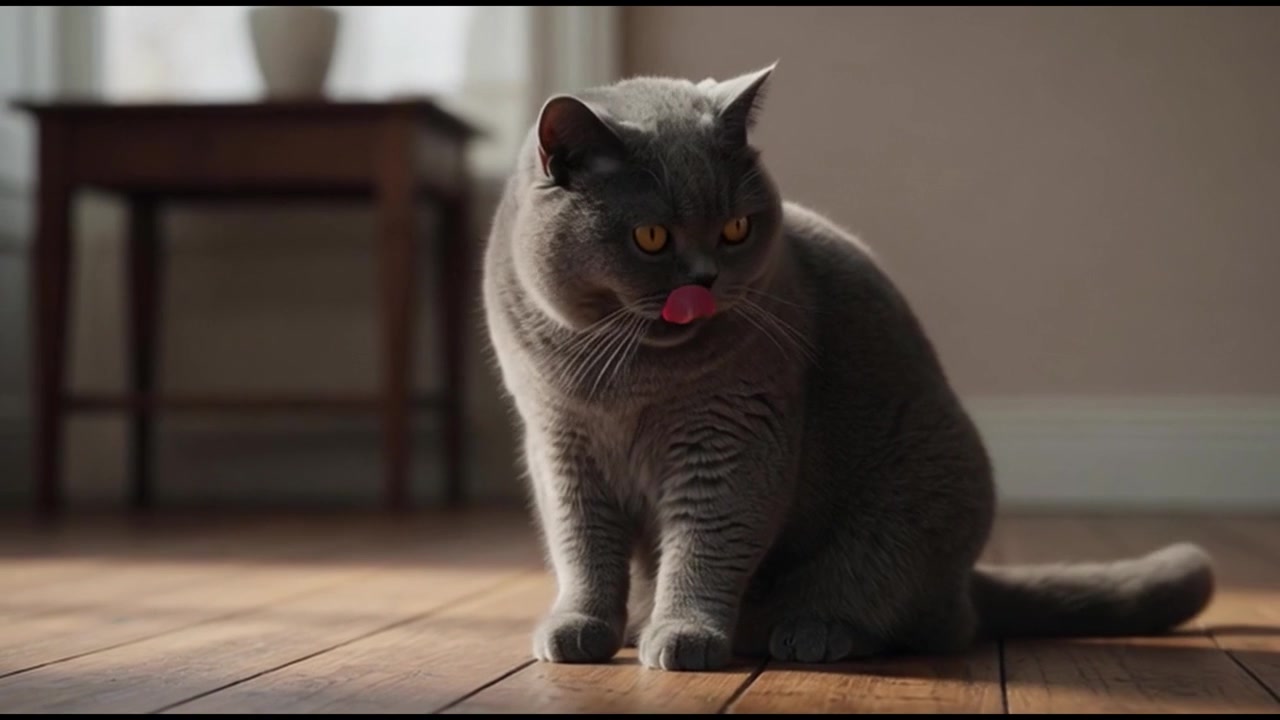 Gatto British Shorthair che si toeletta su un pavimento in legno