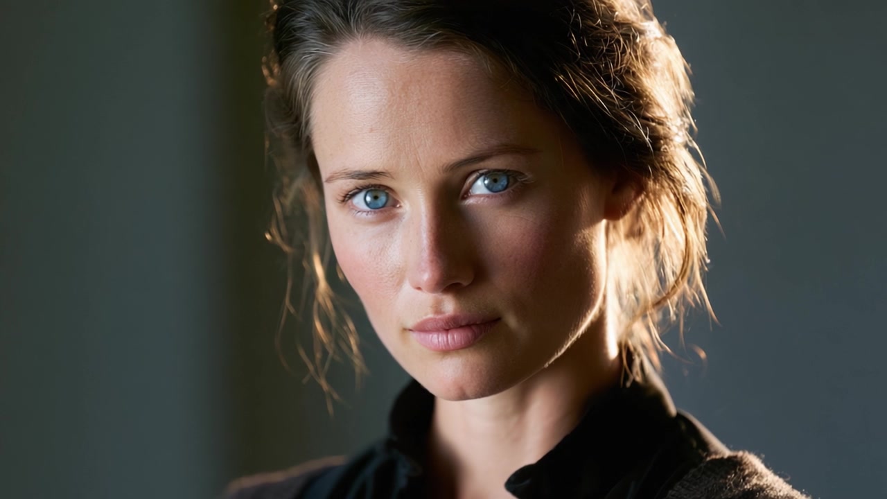 A Thoughtful Woman with Captivating Blue Eyes: Exploring the Depths of Emotion in a Subtle, Intimate Portrait