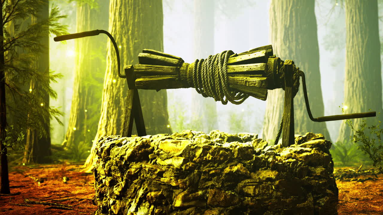 Wooden well among trees in a mystical forest during the day