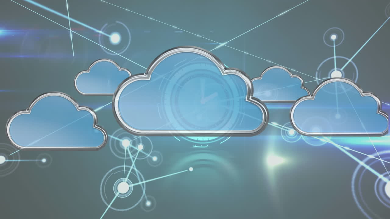 animación de reloj moviéndose rápidamente sobre nubes digitales y red de conexiones
