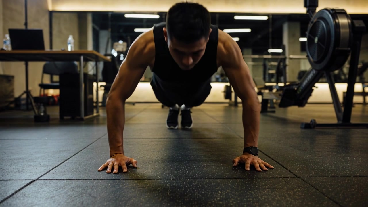 Starting lowered, fit man in tank top performing push-ups at gym on rubber floor, with mirror
