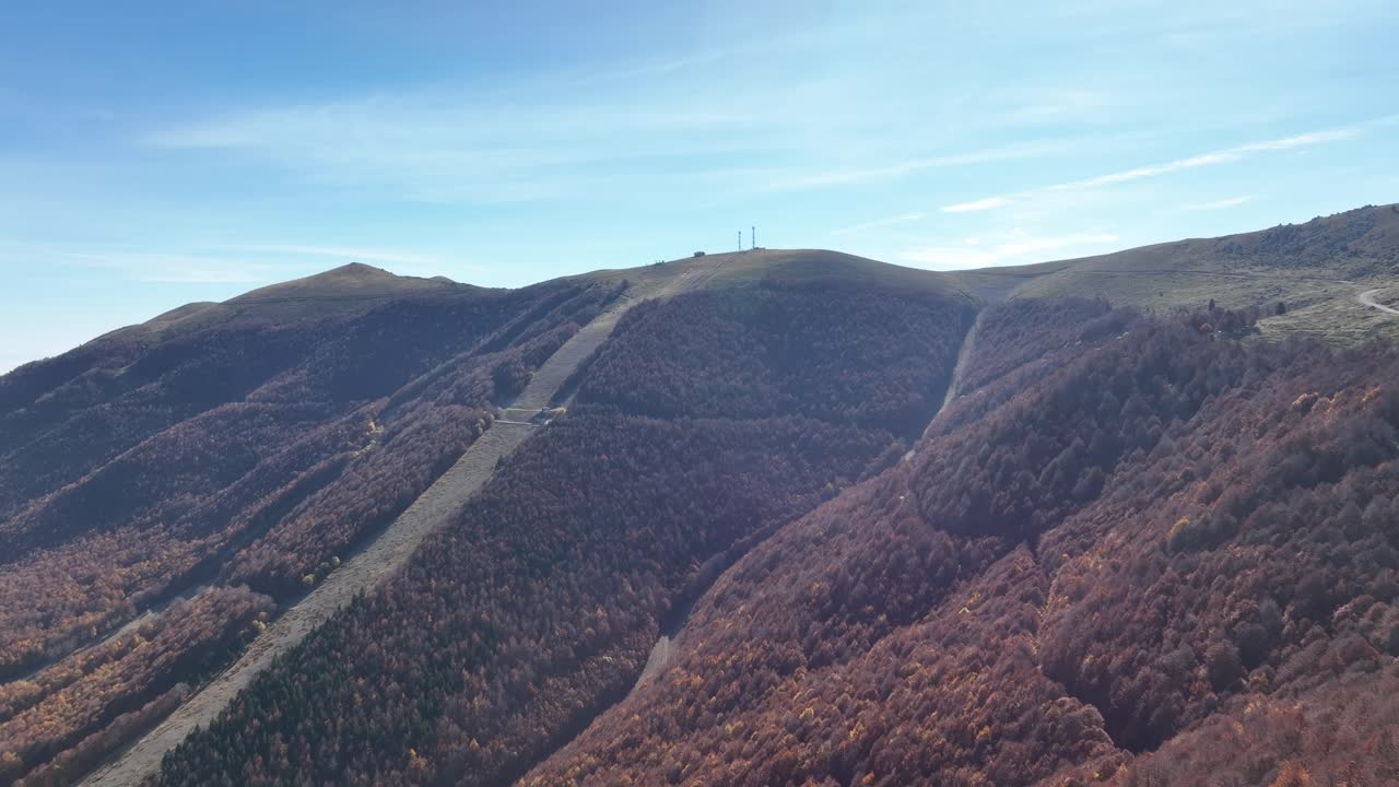 Aerial view of dense colorful forest on Mount Vermio steep side, autumn sunny day in Greece