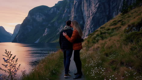 couple hiking along a fjord at sunset in norway