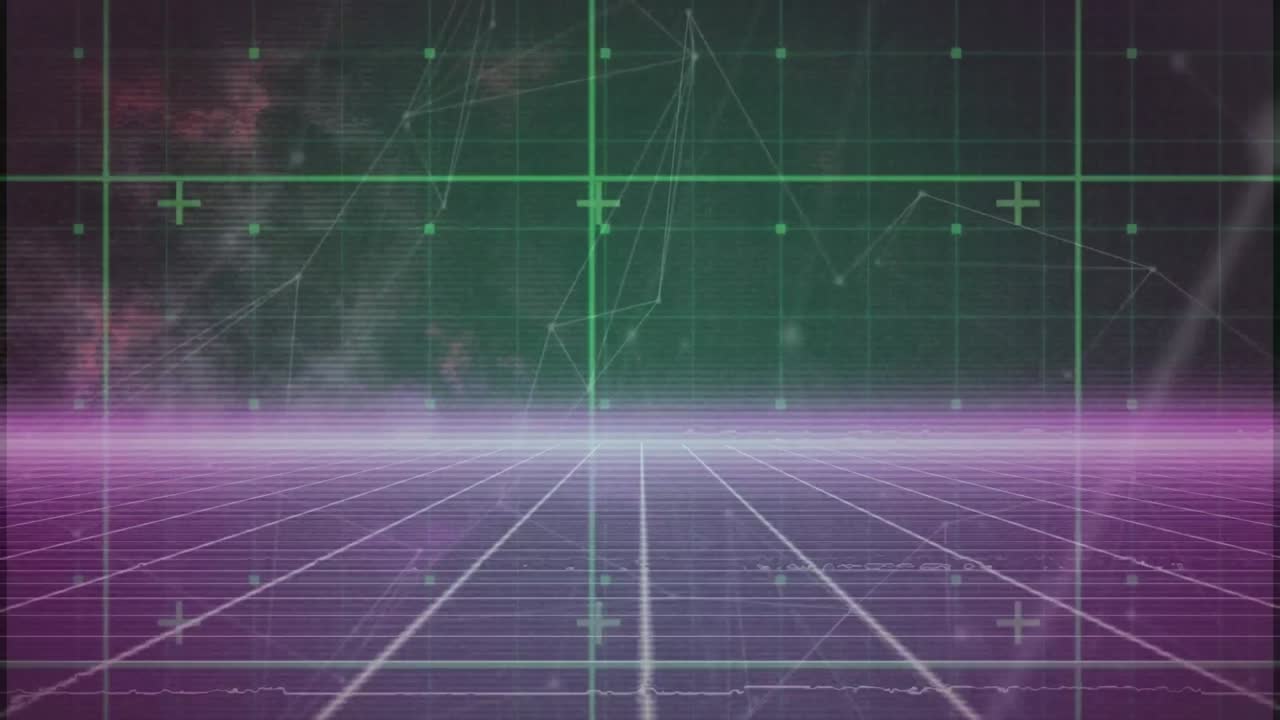 검은 바탕에 대한 보라색 그리드 네트워크를 통해 연결 네트워크의 애니메이션