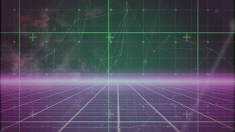 animation of network of connections over purple grid network against black background