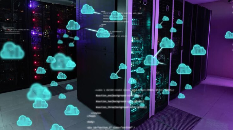 Animation of cloud icons and data processing over computer servers