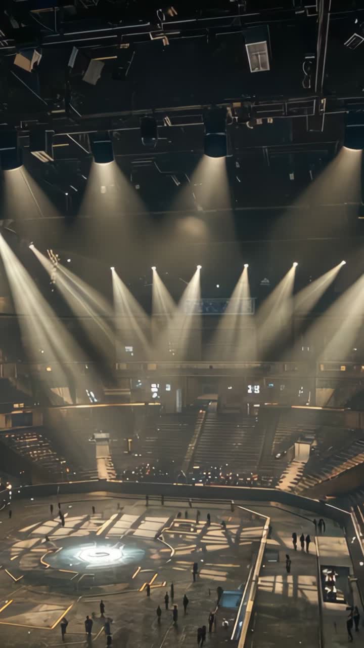 Vertical video: Activating lighting fixtures, casting beams over arena floor, crew testing platform