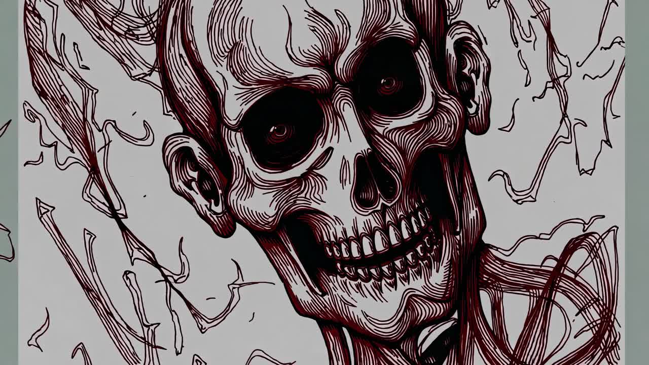 Red screaming skull emerging from a psychedelic nightmare, featuring dark eyes and sharp teeth, conjuring a deeply disturbing and eerie atmosphere filled with horror and fear