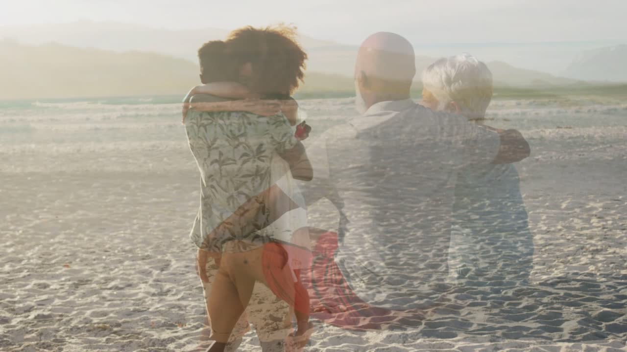 Mann hebt seinen Partner nach einer Umarmung am Strand hoch, um Verbundenheit zu zeigen, wobei eine Überlagerung die Bewegung mit Anzeigen von sitzenden Paaren verschmilzt.