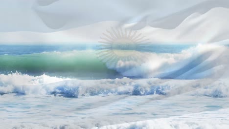 Animation of flag of argentina blowing over beach seascape