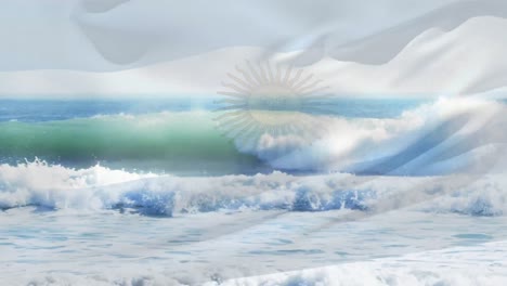 animation of flag of argentina blowing over beach seascape