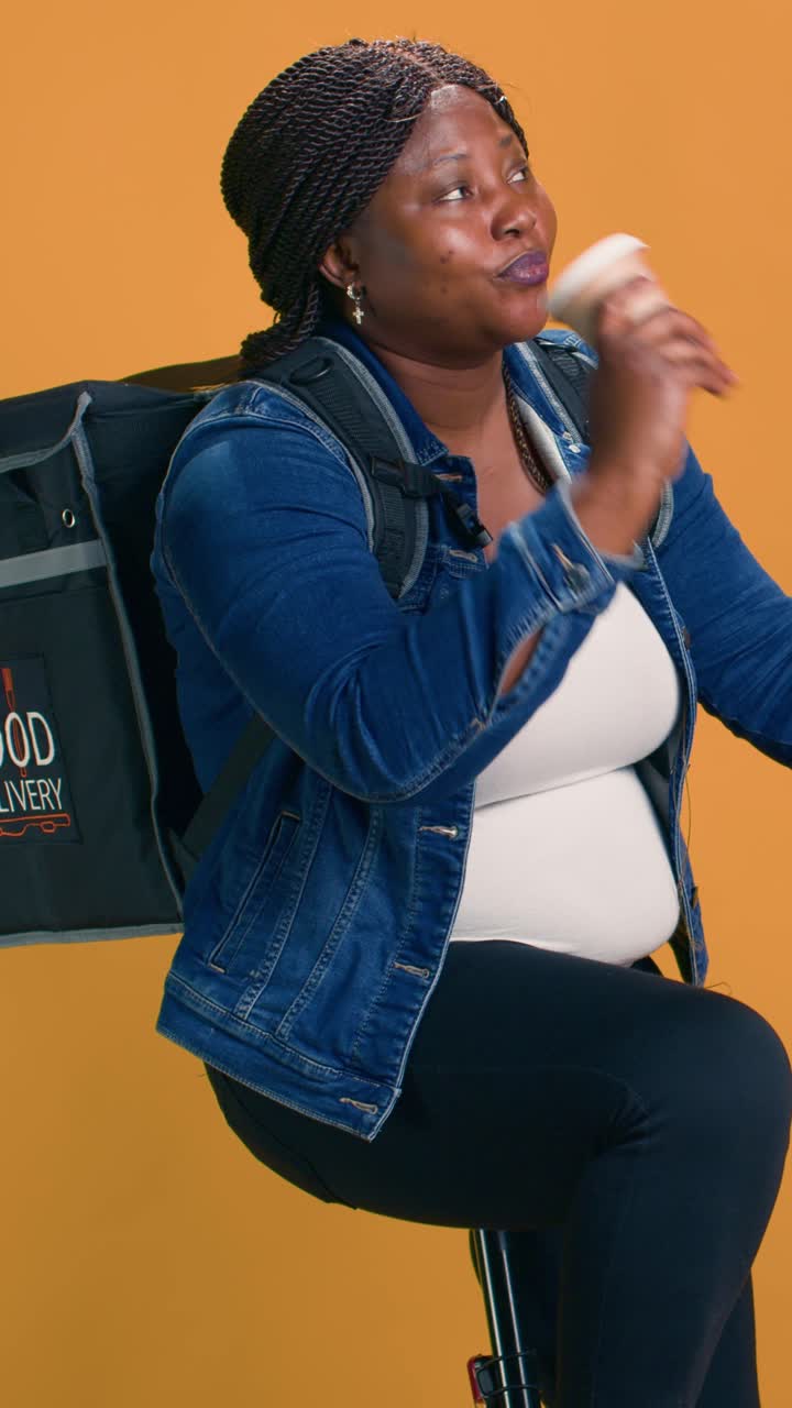Woman with food delivery backpack