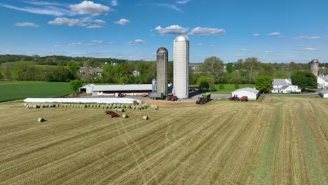 wide aerial orbit of farm in pennsylvania