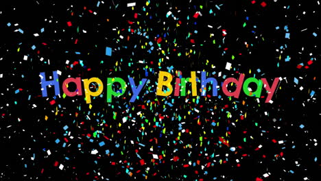 feliz cumpleaños animación de texto con confeti colorido cayendo sobre fondo negro