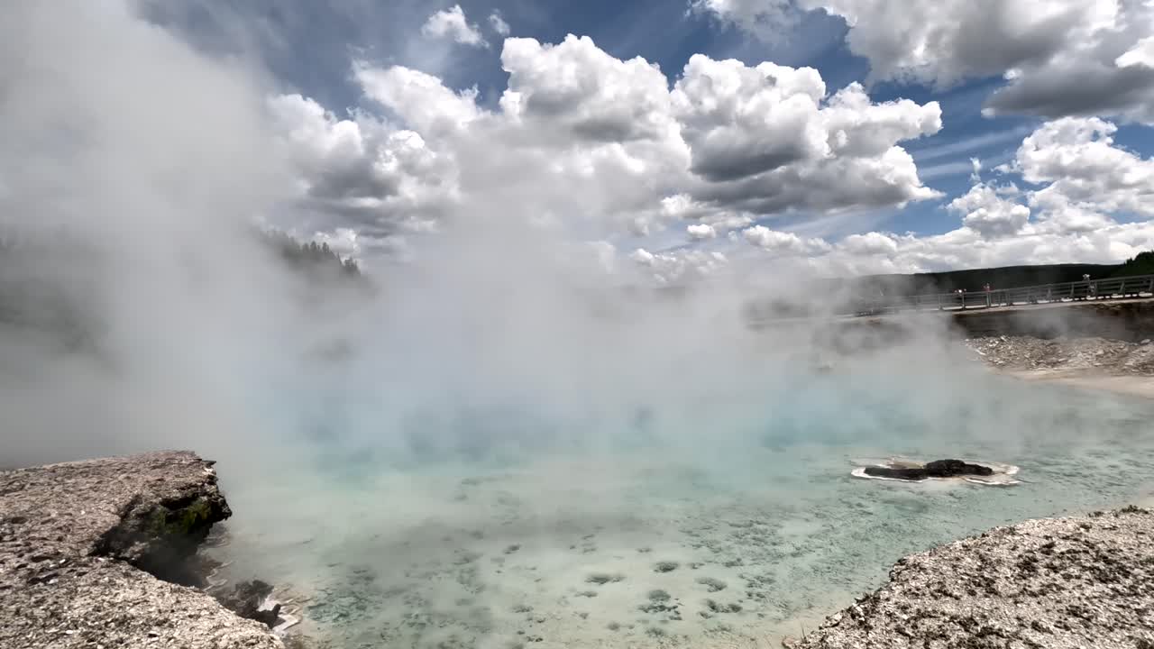 Tourist POV Of Excelsior Geyser Crater (Famous Hot Springs Pool) In Yellowstone National Park.