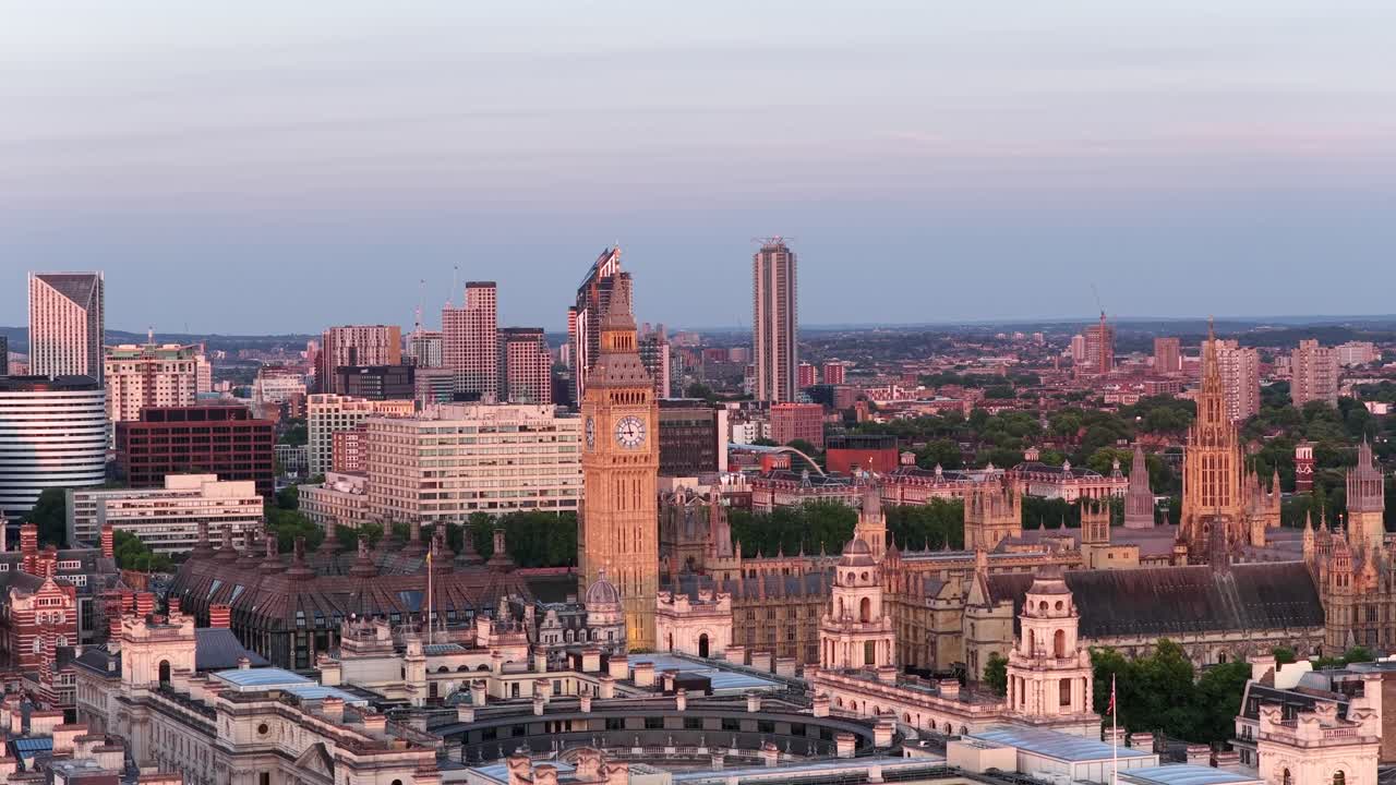 4K Aerial of London, UK by the Thames in June 2025.