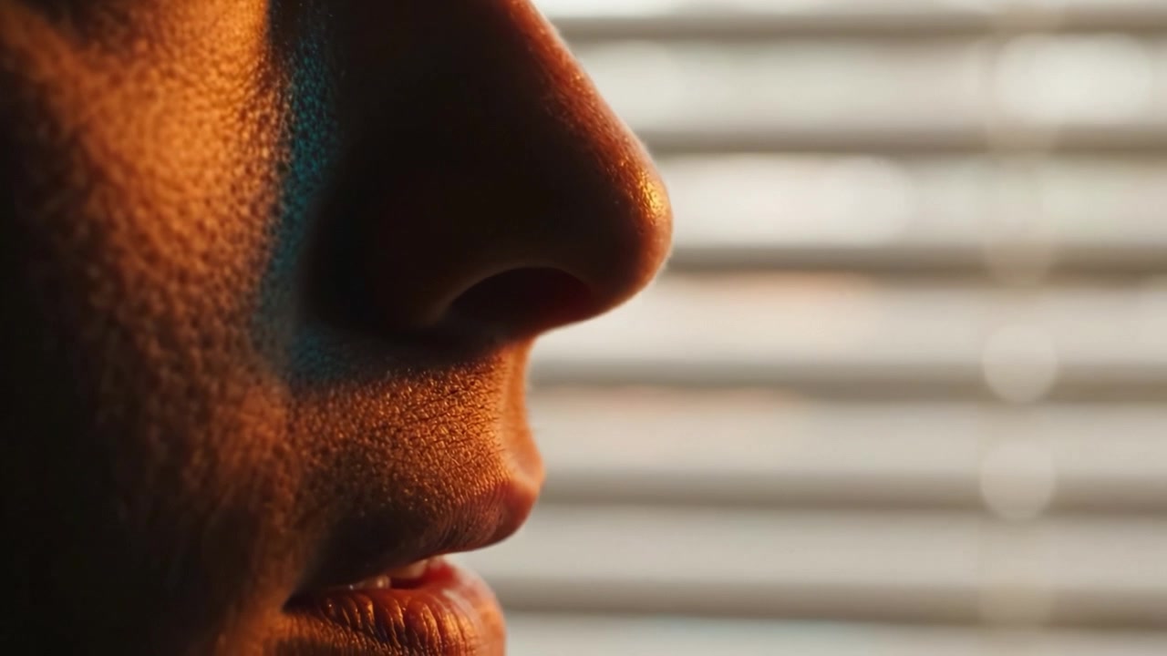 Close-Up Portrait of a Human Face Side Profile Highlighting Facial Features with Dramatic Lighting and Soft Shadows Against a Backdrop of Blurred Window Blinds