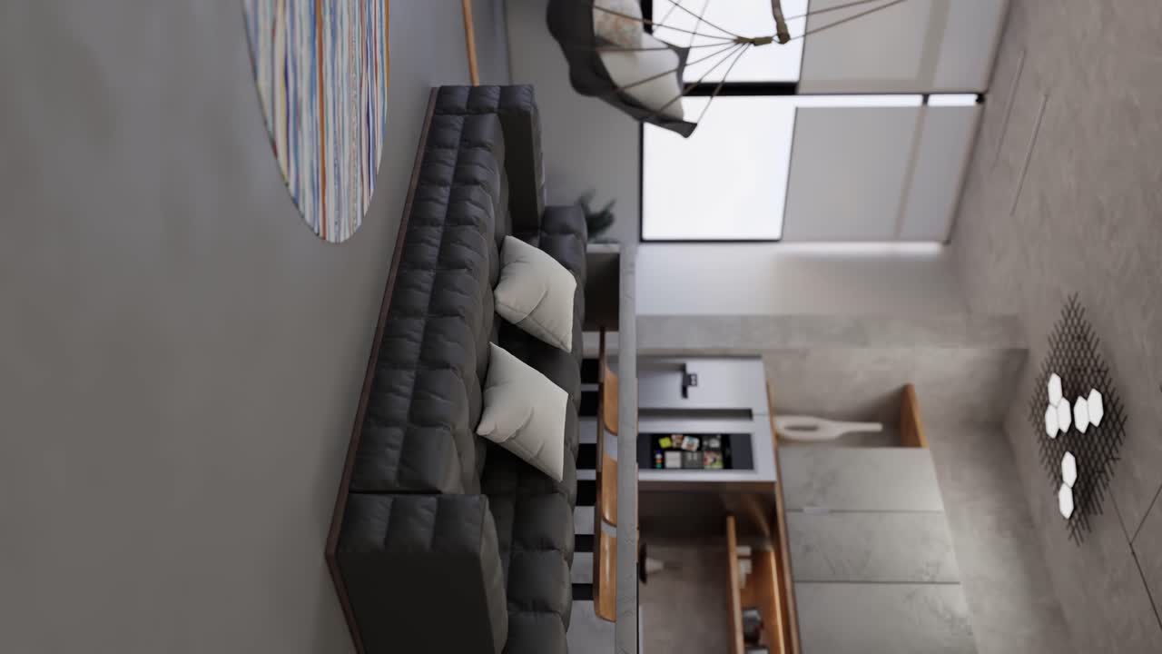 Vertical revealing shot of a grayscale modern living room with a hanging hammock