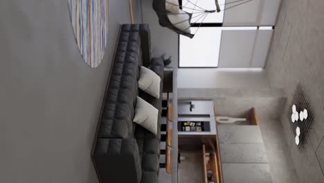 vertical revealing shot of a grayscale modern living room with a hanging hammock