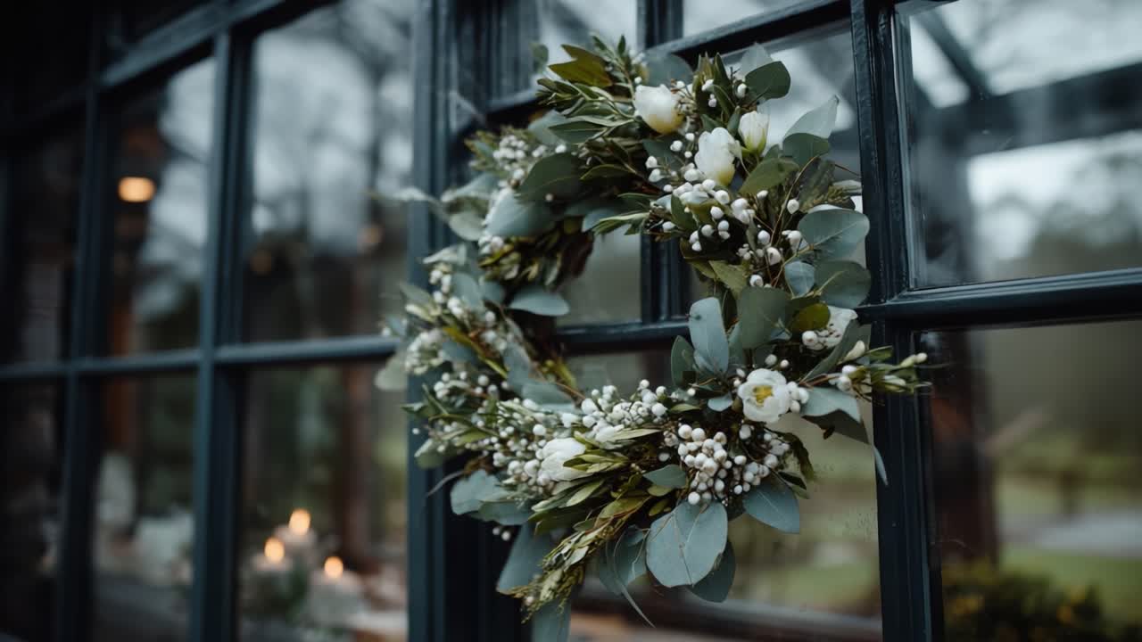 Beautifully Arranged Floral Wreath Adorning Rustic Window, Infusing Natural Elegance and Seasonal Charm to the Outdoor Setting in a Serene Environment