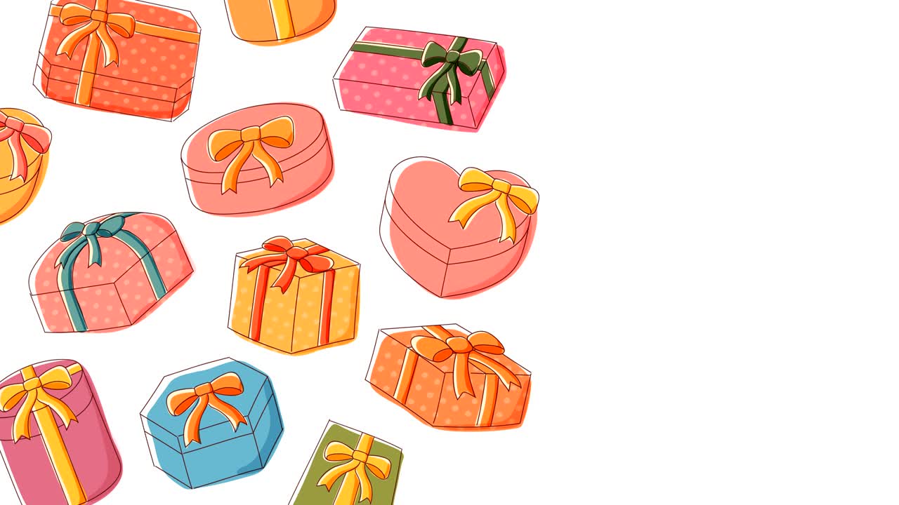 Gift box icon moving pattern background cartoon kids hand drawing illustration, Happy Birthday concept design isolated on white background seamless looping animation 4K, with center copy space