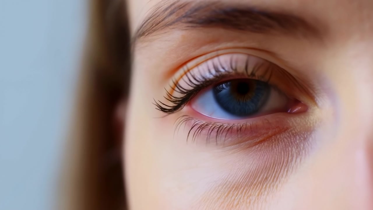 Ekstremt nærbilde av et menneskeøye som sakte åpner seg fra delvis lukket til helt åpent, og avslører en blå iris med brun ring, rund pupill, buede øvre øyevipper, glinsende hornhinne, mykt dagslys og naturlig hud.