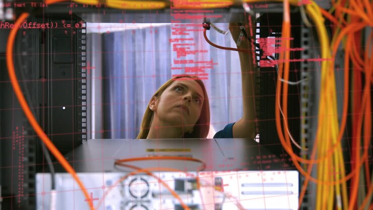 Animation der Datenverarbeitung über einer kaukasischen Frau im Serverraum