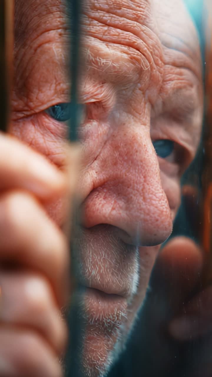 Intense Close-up of an Elderly Man's Face Behind Glass Bars, Capturing Emotion and Depth in His Eyes and Wrinkled Skin, Reflecting Life Experiences and Stories